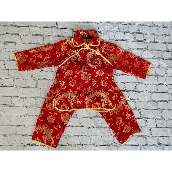 Chinese New Year Baby Boy Girl Shirt Pants Set Red Satin Outfit Size M Kids NWOT - Picture 1 of 16